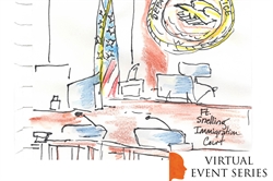 [ai] An illustration of an immigration court scene featuring empty chairs, an American flag, and a court seal. The text indicates "Ft. Snelling Immigration Court" and includes a logo for a "Virtual Event Series."